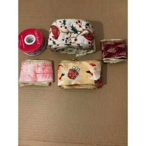 Christmas Ribbon Lot Santa Presents Holly Berries Deer Trees Gold Trim‎